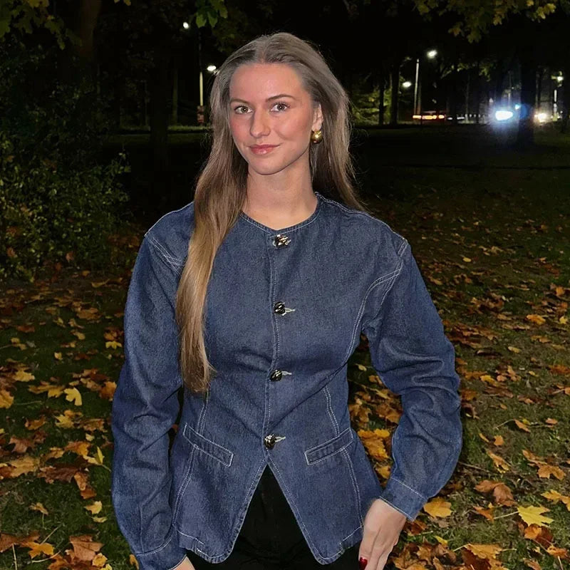 Damen Jeans Set - Elegante Taillierte Jeansjacke und Hohe Hose