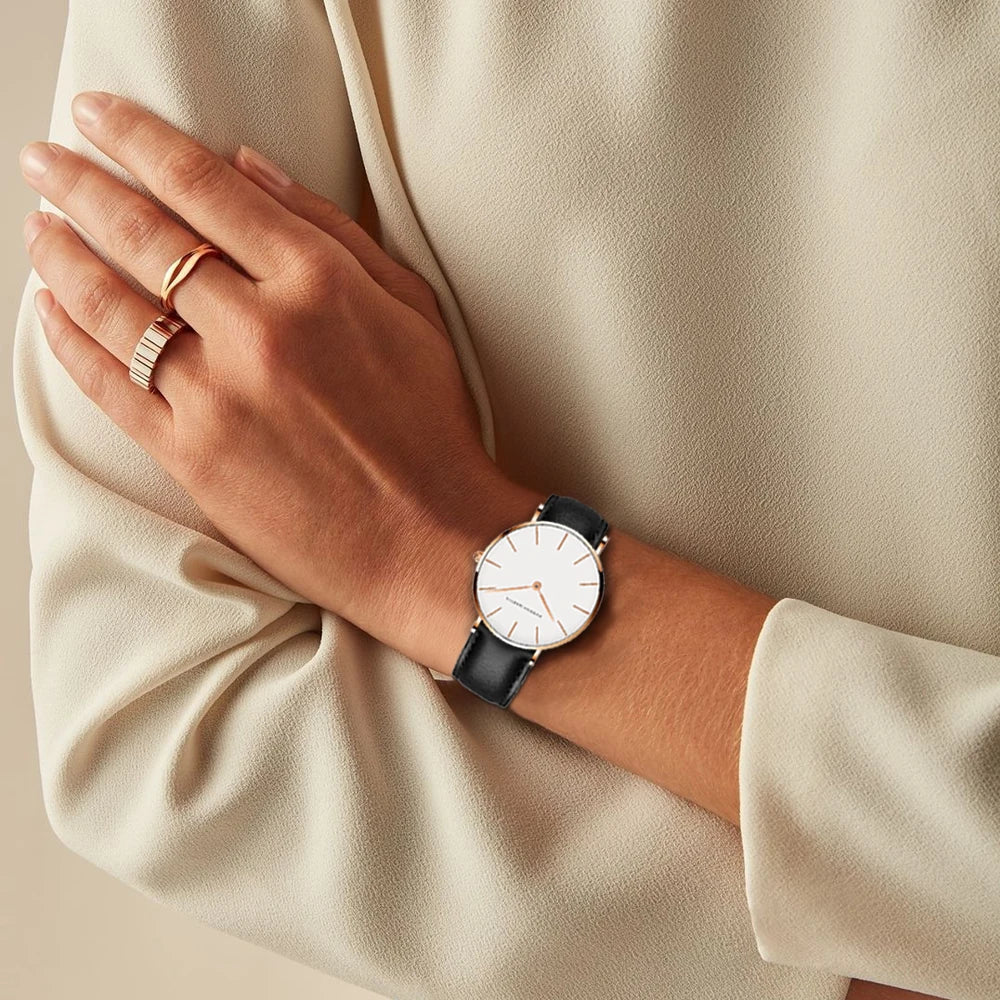 Frauen-Uhr Rund Minimalistisch Lederarmband Schwarz