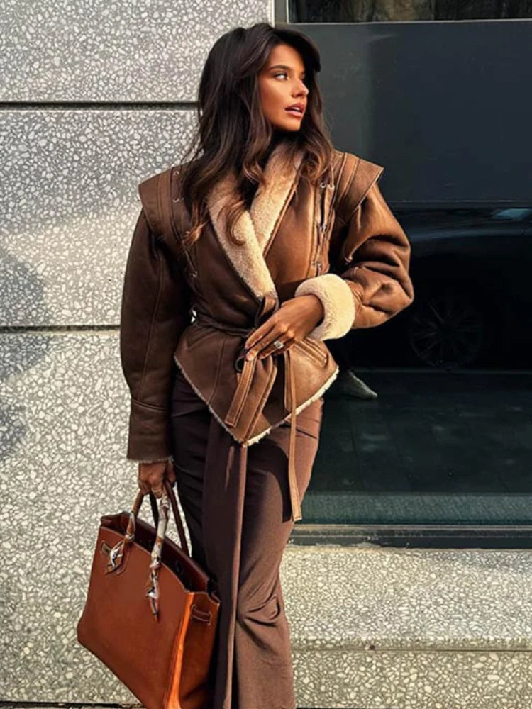 Lederjacke Braun Pelzverbramt Mit Gürtel Damen - BerlinGlamour
