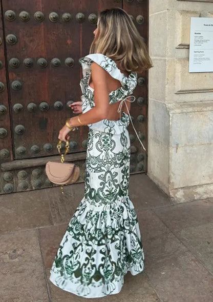 Sommerkleid Damen Maxi Gemustert mit Volants Rüschendetail - BerlinGlamour