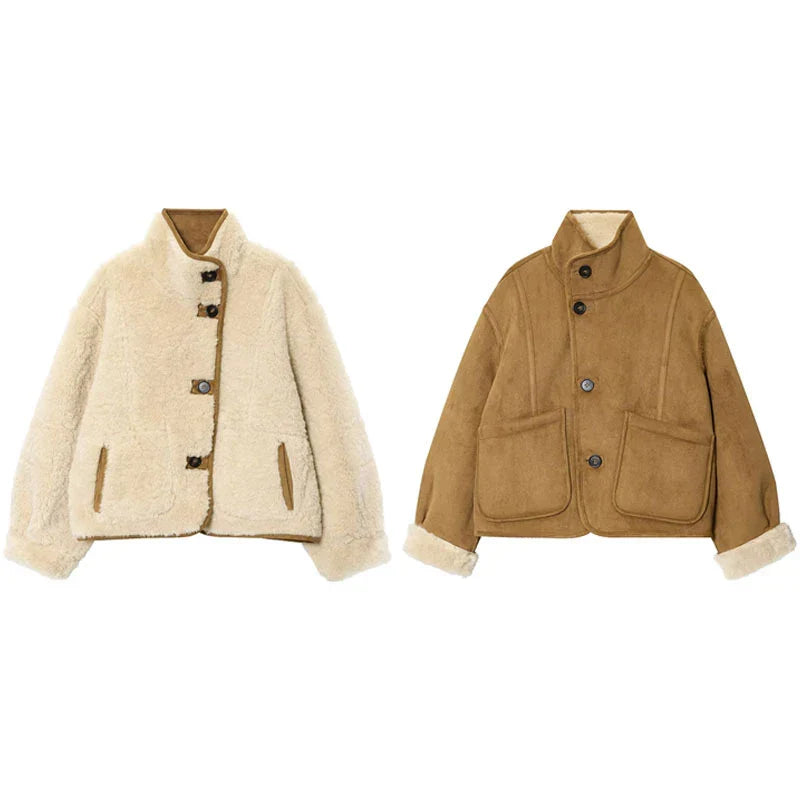 Shearling Jacke Damen Luxus Wendejacke Knöpfe - BerlinGlamour