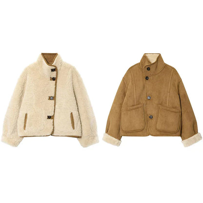 Shearling Jacke Damen Luxus Wendejacke Knöpfe - BerlinGlamour