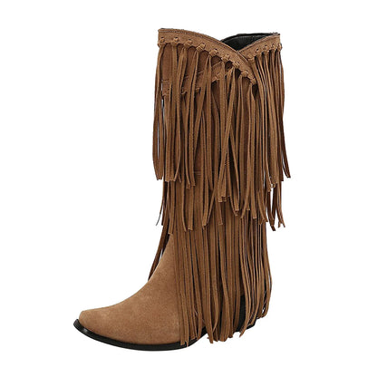 Hohe Damenstiefel Fransen Boots Blockabsatz Schwarz