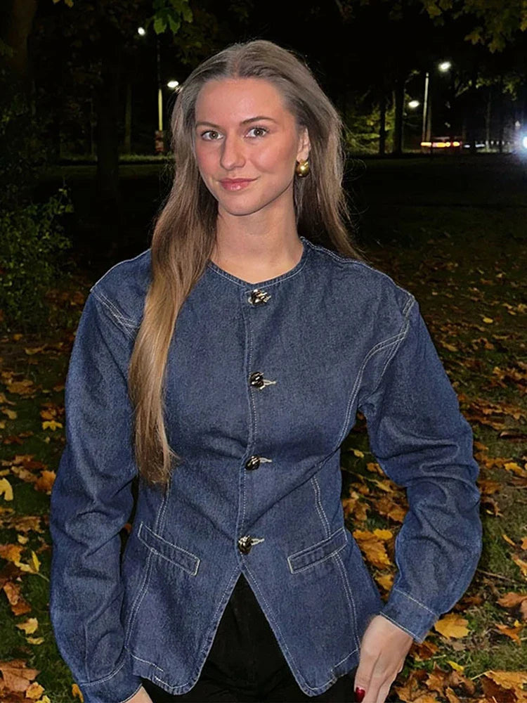 Damen Jeans Set - Elegante Taillierte Jeansjacke und Hohe Hose