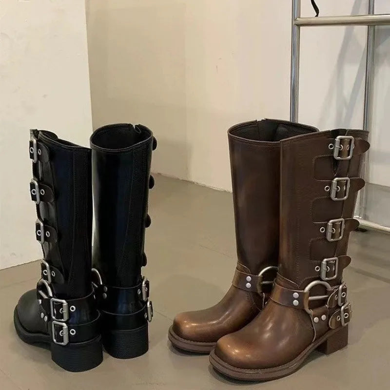 Retro Westernstiefel Hohe Rohrstiefel Freizeitstiefel Damenschuhe