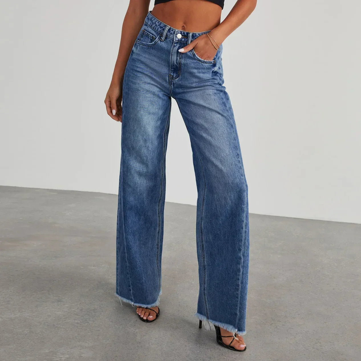 Damen Jeans Weitbein Grau Raw Hem Damenschuhe