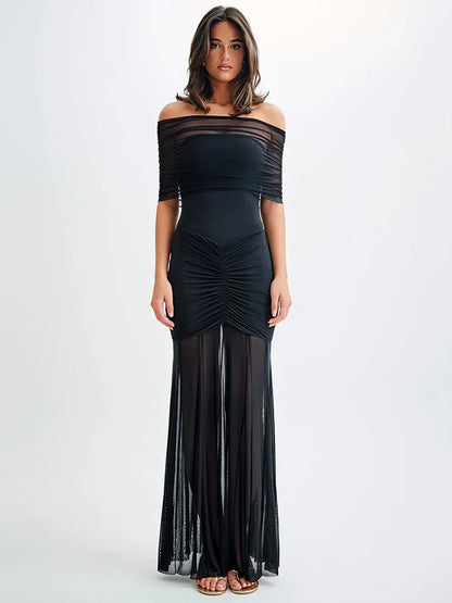 Elegantes Maxi-Kleid mit Off-Shoulder Mesh und figurbetontem Schnitt - BerlinGlamour