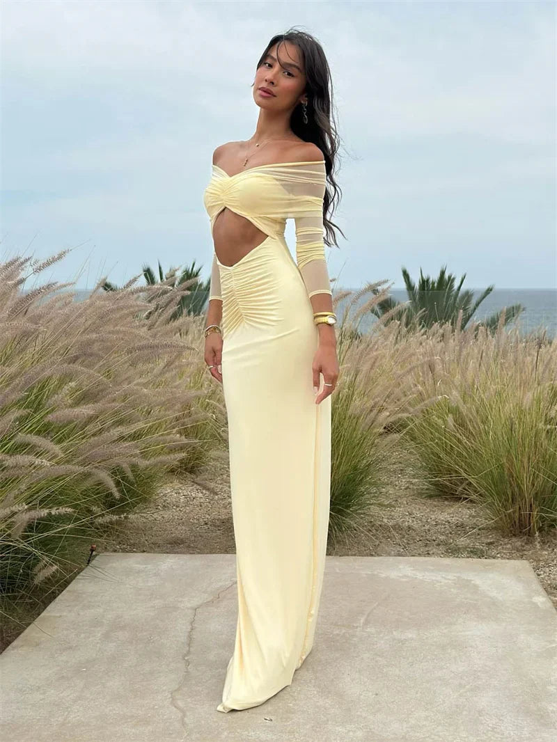 Damen Maxikleid Langärmelig Cut-Out Schulterfrei