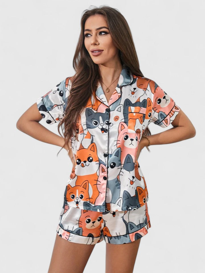 Damen Pyjama Set Katzen Motiv Kurzarm Weich