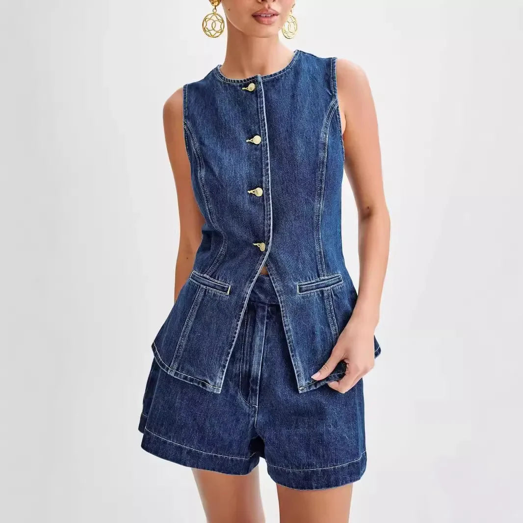 Denim Zweiteiler Set mit Weste und Shorts Sommer - BerlinGlamour