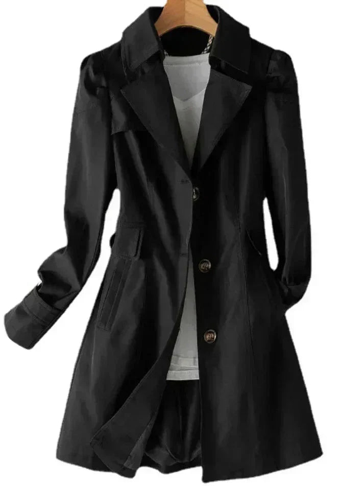 Stylischer Damen Trenchcoat Lang Schwarz