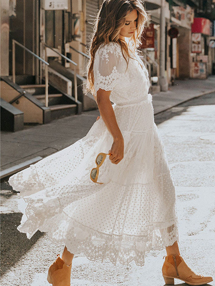 Spitzen Maxikleid Halbtransparent Cross Durchsichtig