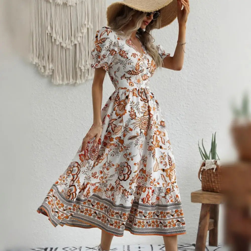 Orange Blumenkleid Elegant Sommerkleid Damen - BerlinGlamour
