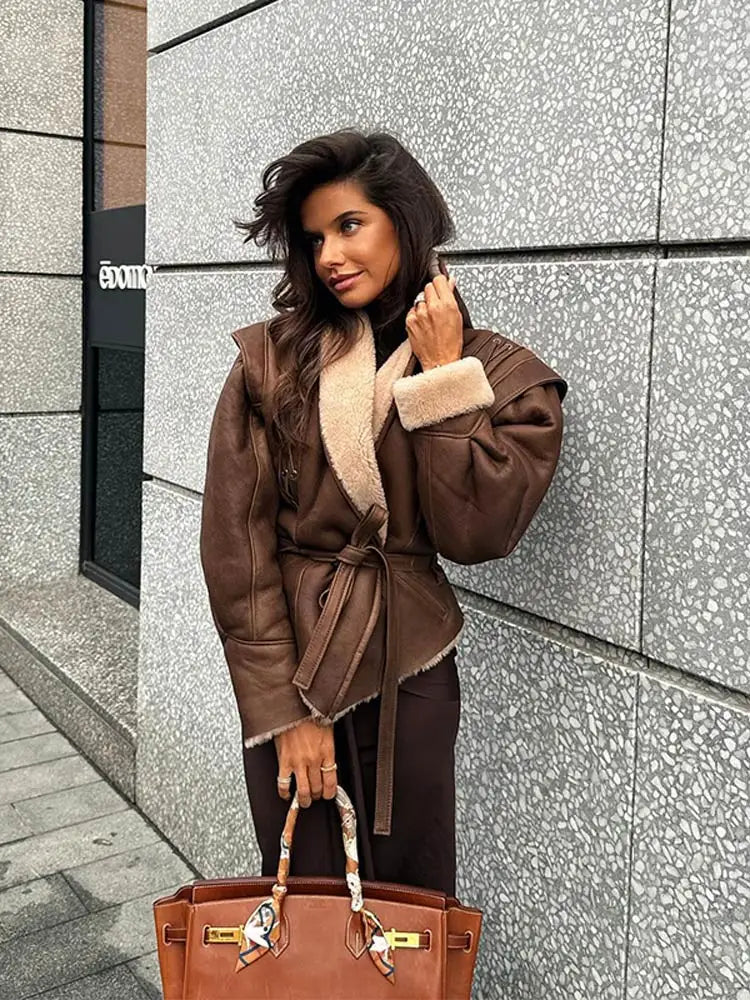 Lederjacke Braun Pelzverbramt Mit Gürtel Damen