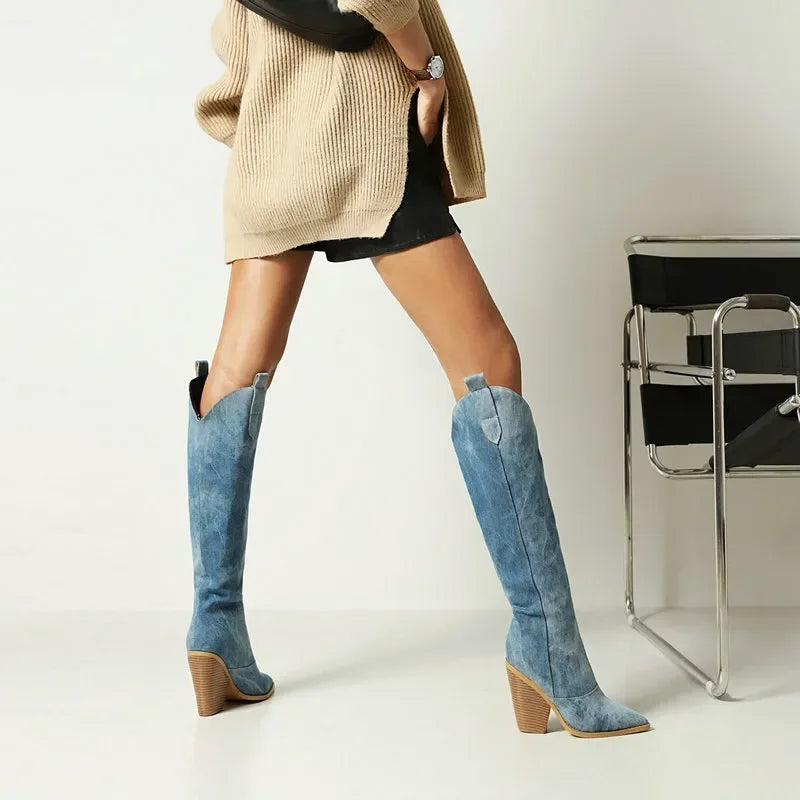 Hohe Denim Stiefel Knielang Damen Schuhe