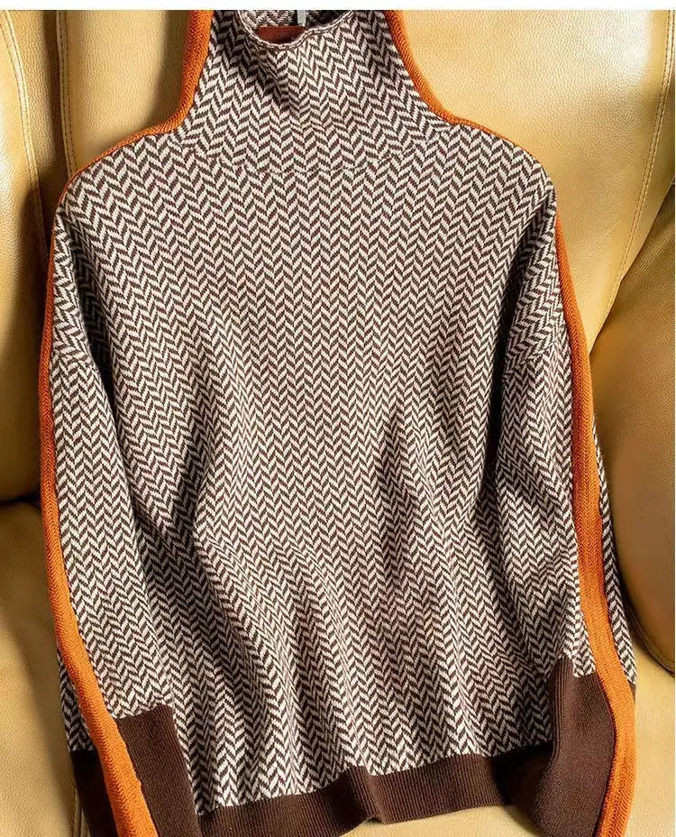Damen Rollkragenpullover Fischgrat Luxus Warm - BerlinGlamour