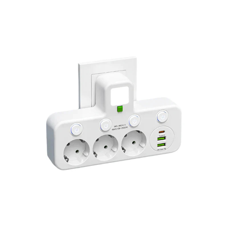 Mehrfachsteckdose mit USB und Typ-C, 2500W, Überspannungsschutz