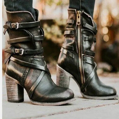Stiefeletten Boots Chunky Schnallen Reißverschluss Damen - BerlinGlamour