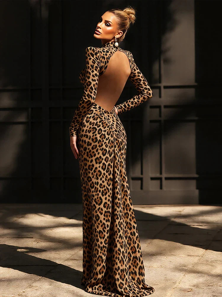 Leopard Maxikleid Rückenfrei Abendkleid Mit Stehkragen - BerlinGlamour