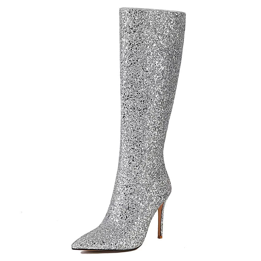 Glitzer Stiefel Kniehoch mit Stilettoabsatz und Spitze Damen