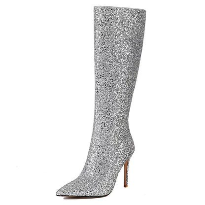 Glitzer Stiefel Kniehoch mit Stilettoabsatz und Spitze Damen