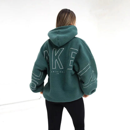Oversize Teddy Hoodie Damen Grün mit Rückenprint