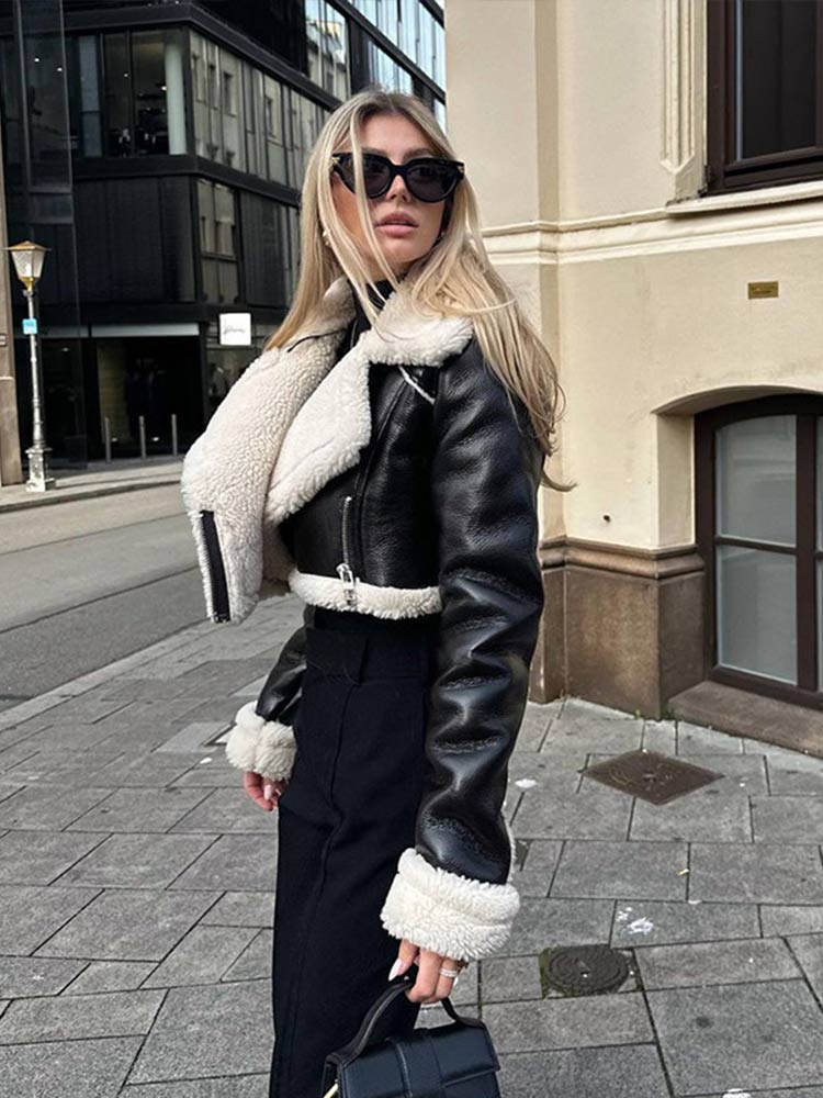 Lederjacke Damen Warm Kunstleder Schwarz