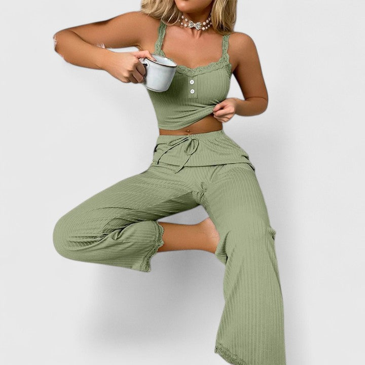 Damen Pyjama-Set Gerippt mit Spitze Elegant