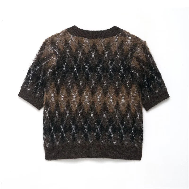 Strickjacke Damen Kurz Argyle Muster Knopf