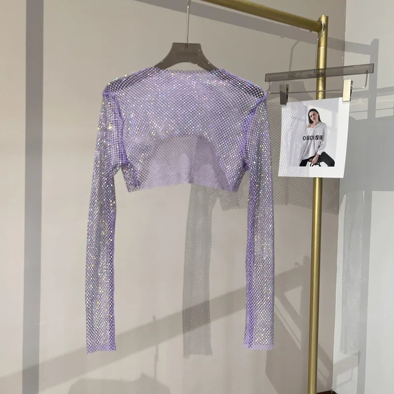 Glitzerndes Langarm Netztop Diamantoptik Elegant - BerlinGlamour