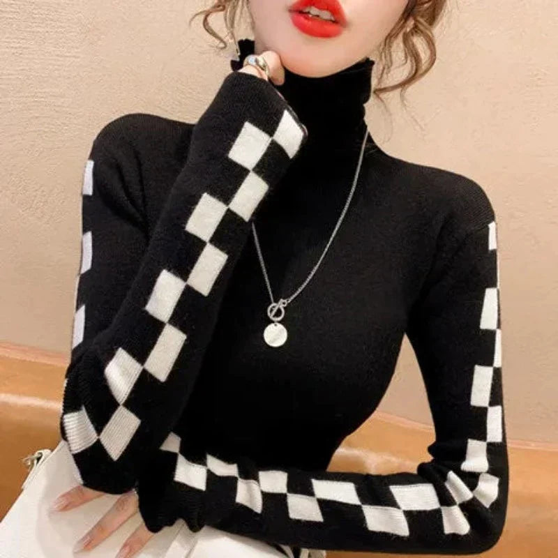 Karo Rollkragen Pullover Damen Modern - BerlinGlamour