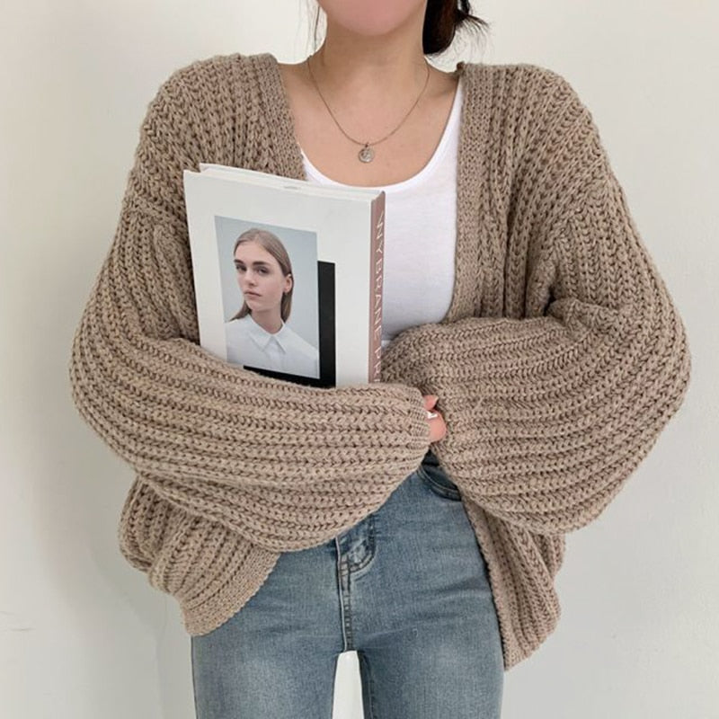 Damen Strickjacke Offen Vorne Grob Gestrickt - BerlinGlamour