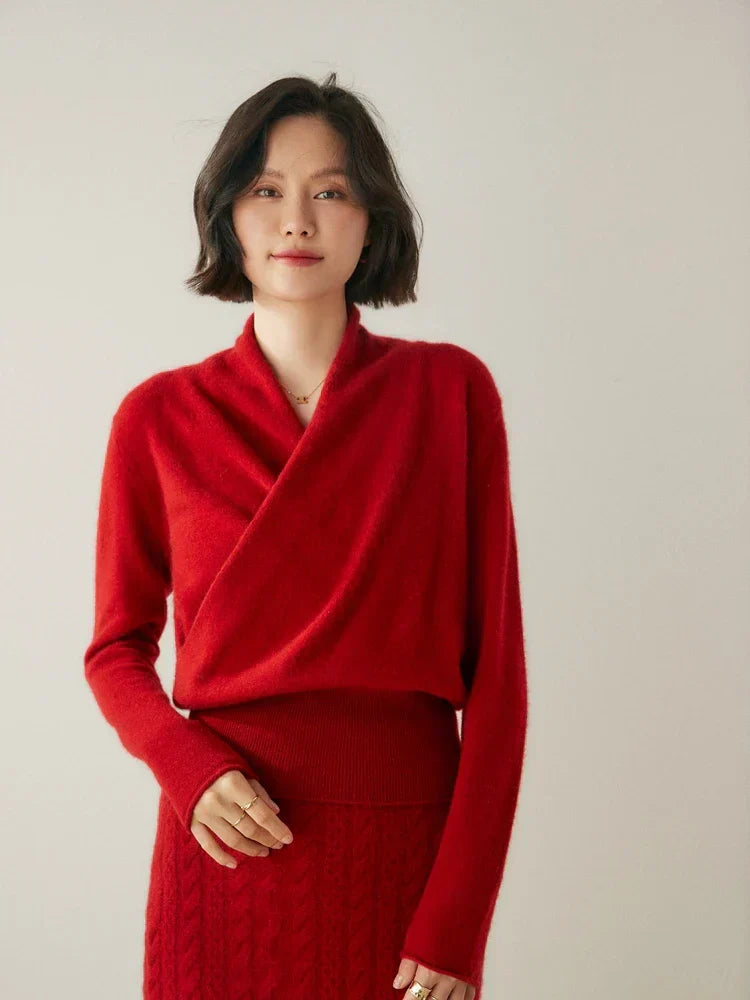 Damen Wickelpullover Elegantes Überkreuzdesign Modern
