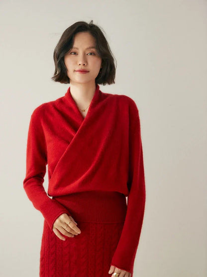 Damen Wickelpullover Elegantes Überkreuzdesign Modern