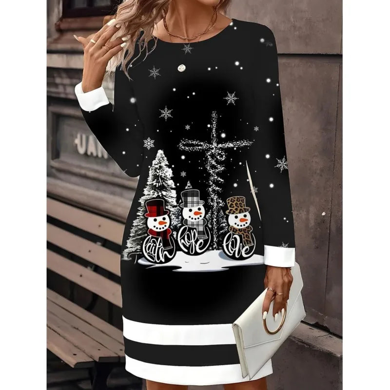 Weihnachtspullover-Kleid Damen Schneemann-Print Festlich - BerlinGlamour