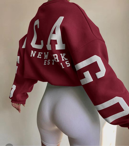 CityPulse Oversized Sweater Damen bordeaux mit CHICAGO Print
