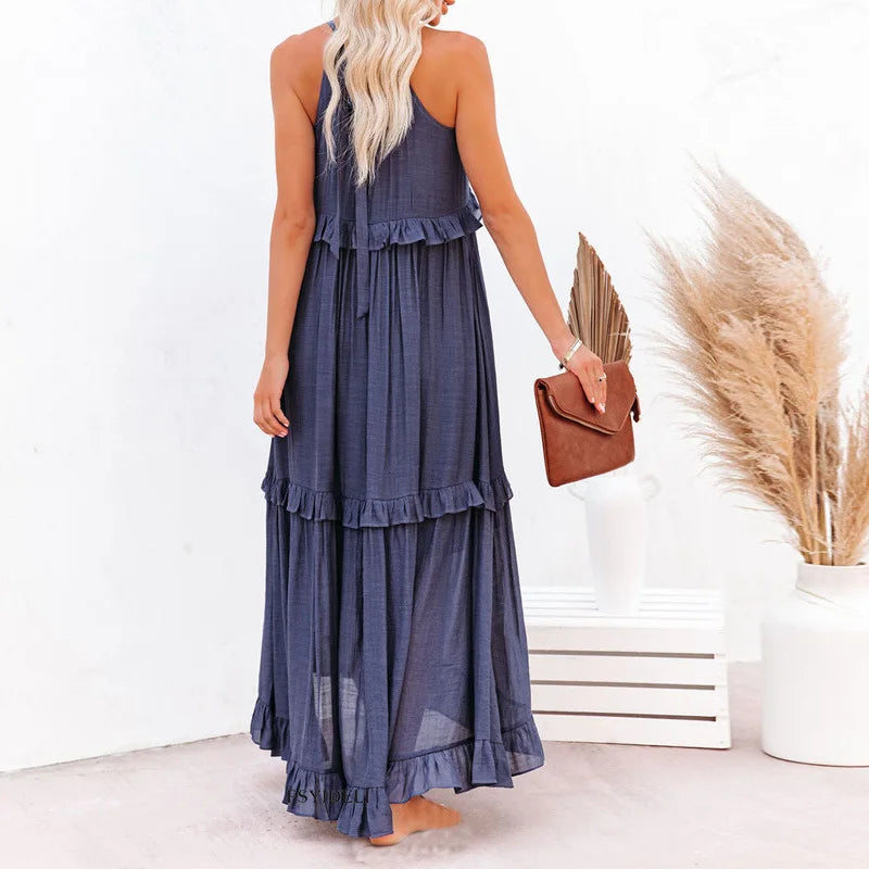 Sommer Maxikleid mit Volants Neckholder Damenkleid