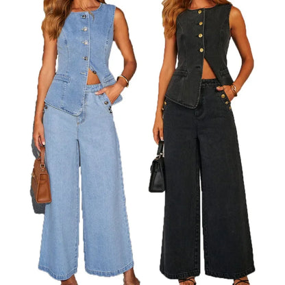 Modisches Denim-Zweiteiler-Set mit Weste und Weitbein-Jeans