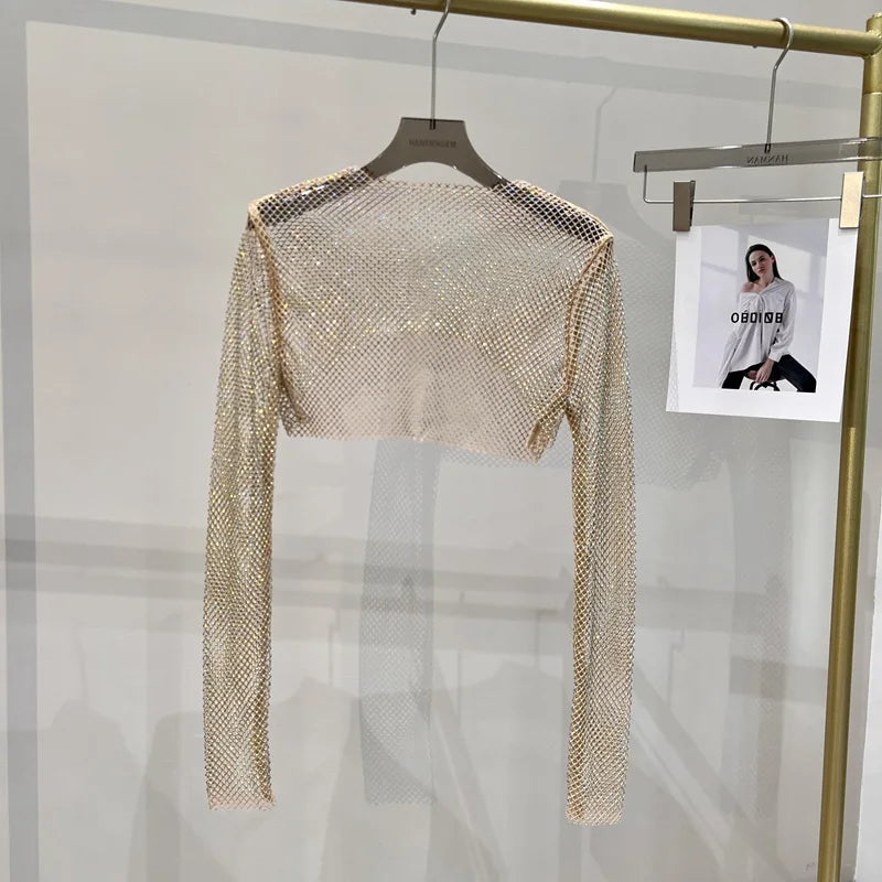 Glitzerndes Langarm Netztop Diamantoptik Elegant