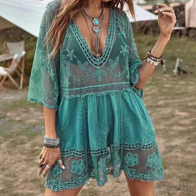 Häkelkleid Strandtunika V-Ausschnitt Sommer