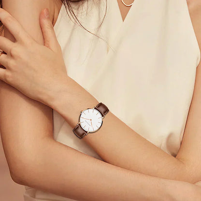 Frauen-Uhr Rund Minimalistisch Lederarmband Schwarz