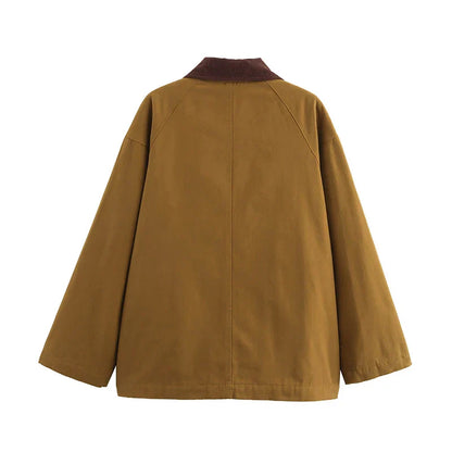 Damen Workwear Jacke Braun Cordkragen Schnürenverschluss