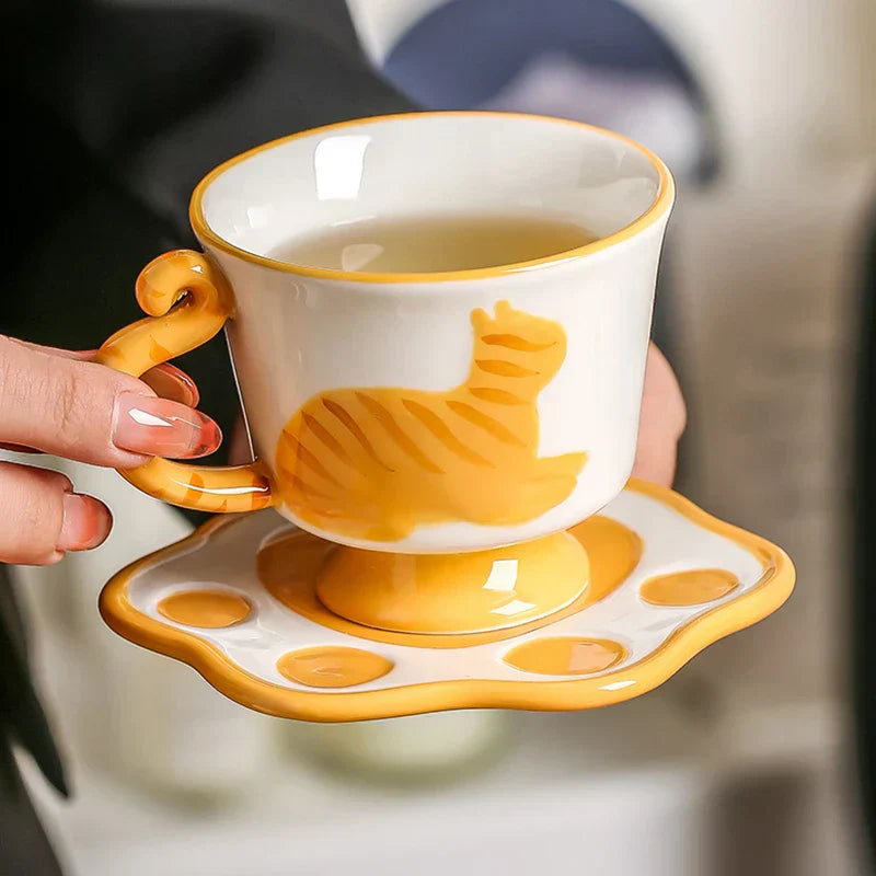Handgefertigtes Keramik Kaffee- und Teeset Orange Katze Dekor