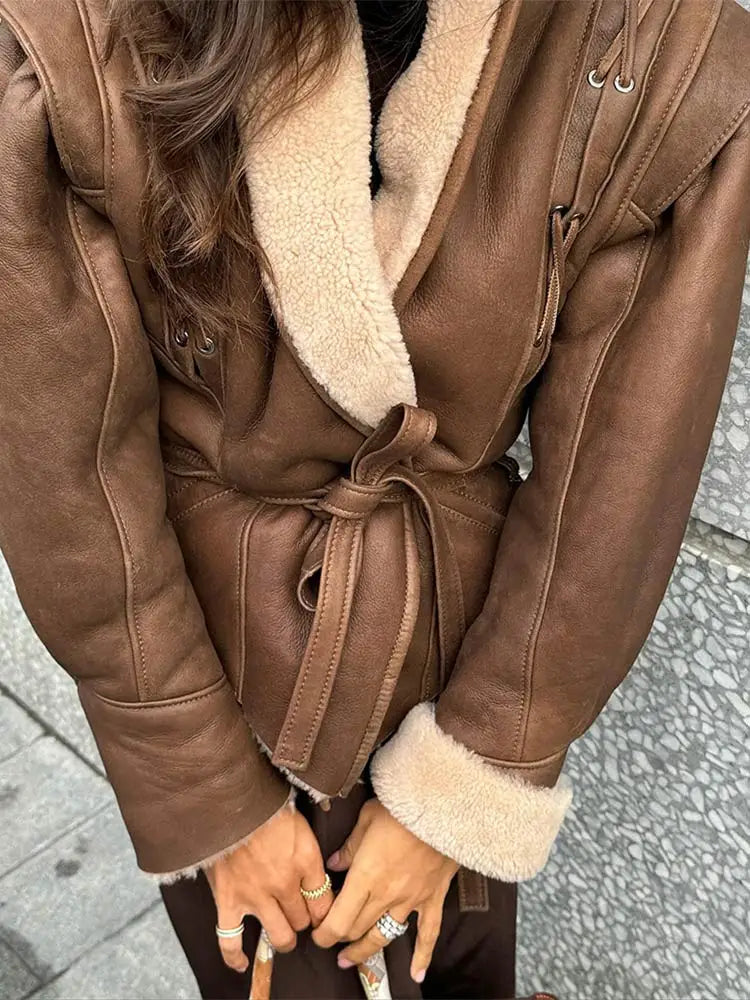 Lederjacke Braun Pelzverbramt Mit Gürtel Damen