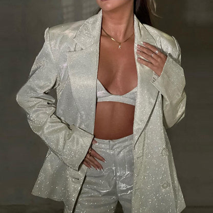 Glitzer Outfit Set Damen Blazer Hose Top