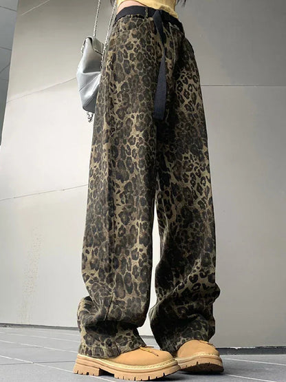 Damen Jeans Leopardenmuster Weit Bein