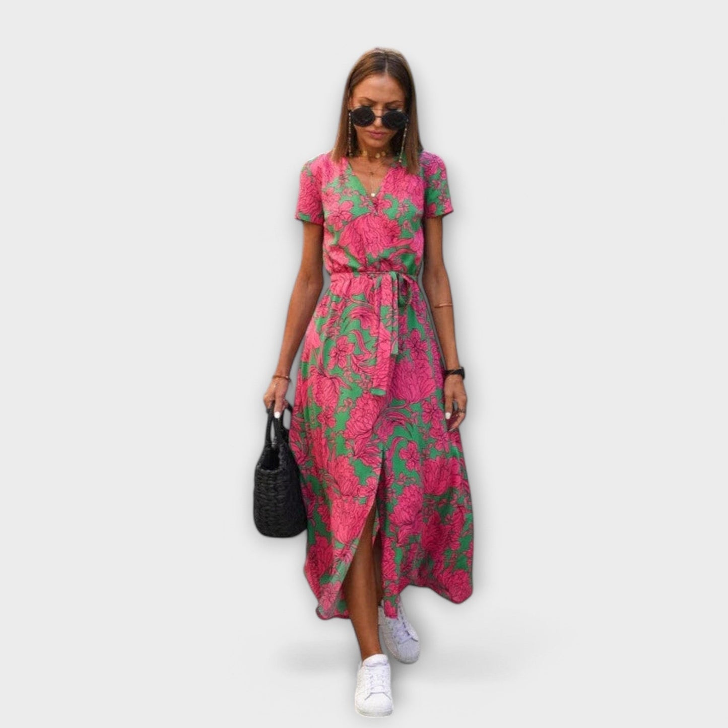 Damen Langkleid V-Ausschnitt Gürtel Lässig Elegant - BerlinGlamour