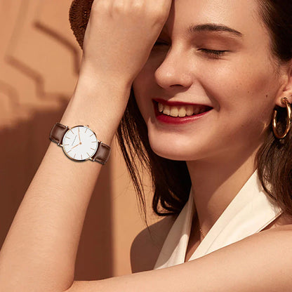 Frauen-Uhr Rund Minimalistisch Lederarmband Schwarz