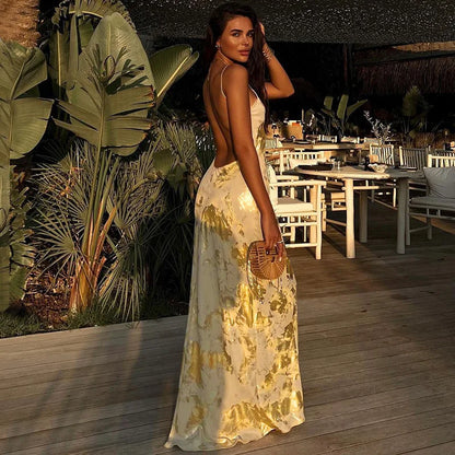 Goldenes Abendkleid Damen Spaghettiträger Elegant