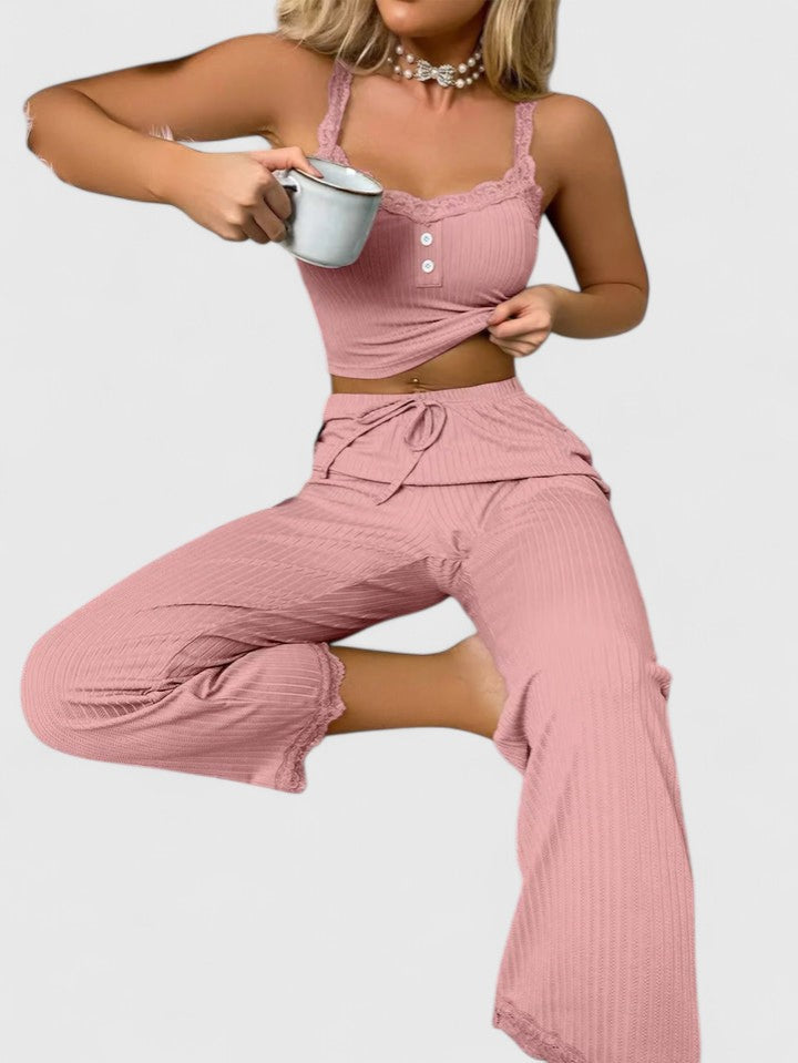 Damen Pyjama-Set Gerippt mit Spitze Elegant - BerlinGlamour